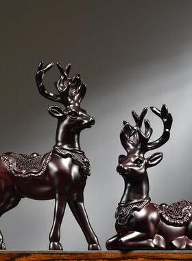黑檀木雕花鹿摆件实木一对家居客JH156办梅公饰桌面摆设酒柜装工
