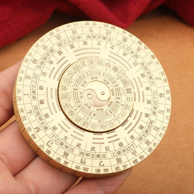 纯南黄铜指NQQ针风极水罗盘指尖陀螺太卦周易64卦手把件摆八件饰