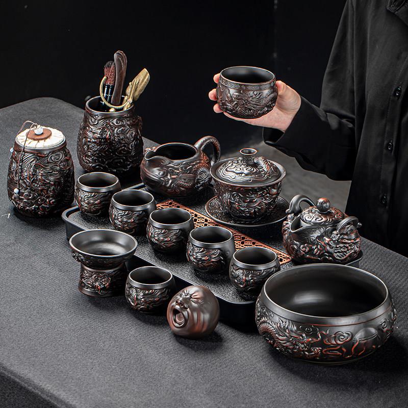 紫陶浮雕夫茶具套整C99632紫砂家用办公装室高档复功古泡茶壶茶杯