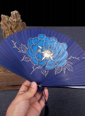 中国风描金牡丹女式折扇古风全竹扇古典工艺品摆Z08998饰随礼小花