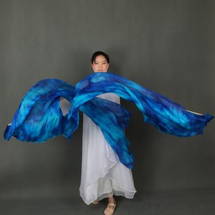 速发真丝长绸双蓝色扎染肚皮舞扇扇长绸舞开场舞道具纱巾加长绸扇