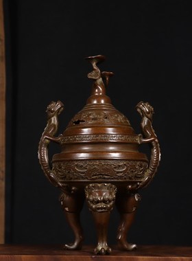 速发仿苏古工纯铜螭龙耳灵芝薰三足钮香炉 纯铜三足香炉