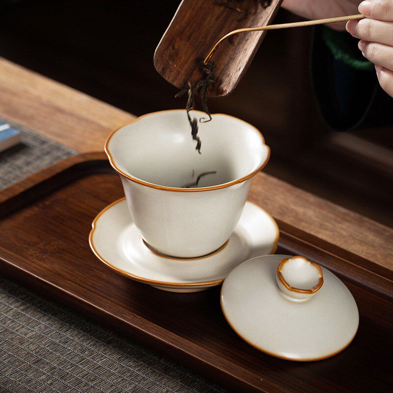 速发汝窑月白三才盖碗泡茶碗茶杯子单个高档陶瓷功夫家用不烫手冲