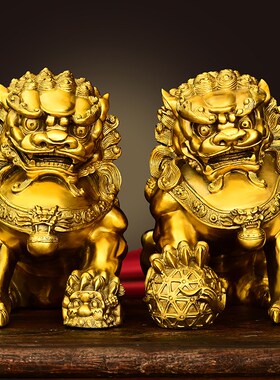 速发黄摆狮子铜件一对玄居家关客厅书房桌面装饰摆放故宫门口狮子