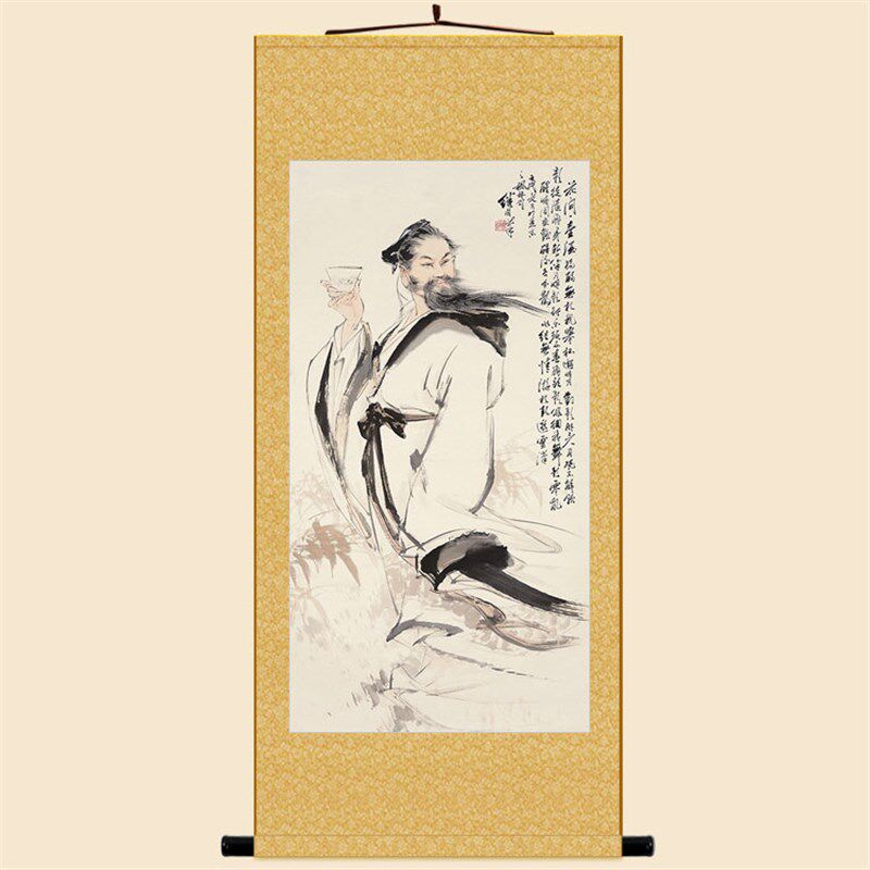 速发花间一壶酒 李白月下独人图卷轴挂画 酒文化酌物装房书饰画
