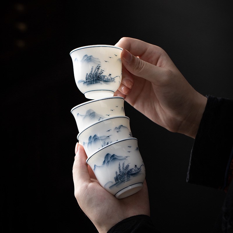 速发青花瓷陶瓷功夫小茶杯单杯茶具茶盏茶碗品茗杯山水主人杯小客