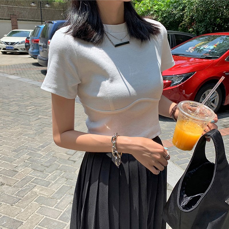 速发露脐T恤圆领腰高短款白色正肩棉质百搭紧身上衣夏