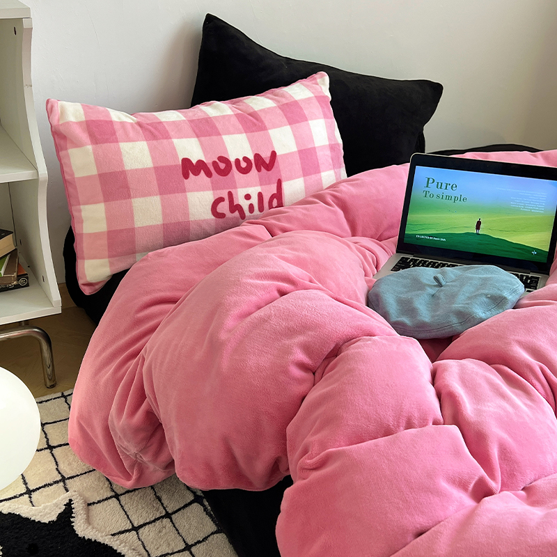 速发混搭牛奶绒四件件韩系双面绒少心简约珊瑚绒三套套