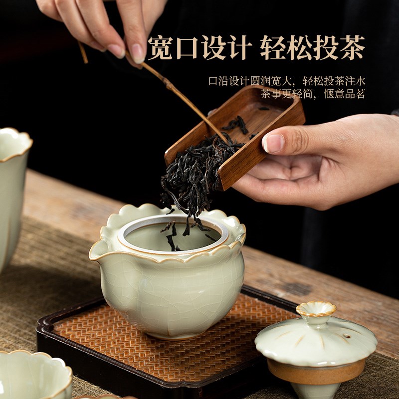 速发豆黄汝窑盖碗茶杯家用冰裂开片功夫茶具套装中式手抓壶泡茶壶