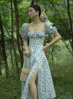 速发Tex-Sisouh领 of 风复古方e泡泡袖鱼骨碎花度假连衣裙