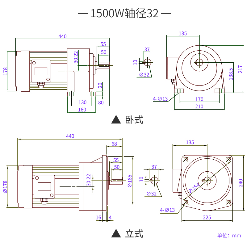 速发新品齿轮减速l三相80V卧式立式22F0V变频750W小型带煞车