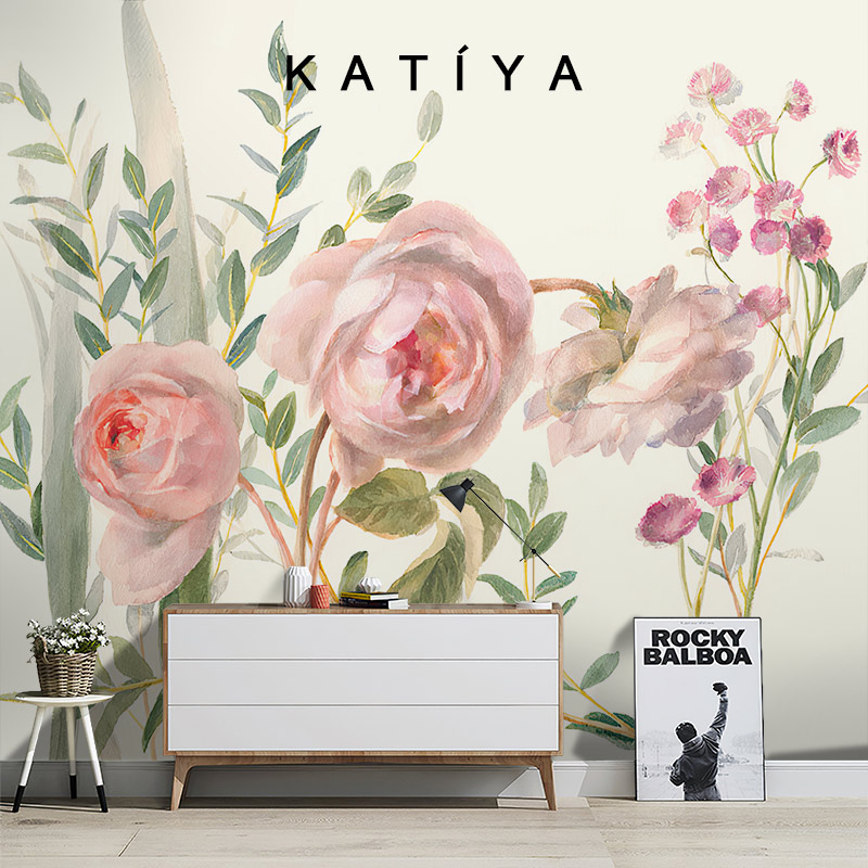 速发Katiya美式蔷薇花手绘墙布装饰电视背景墙卧室客厅壁纸沙发画图片