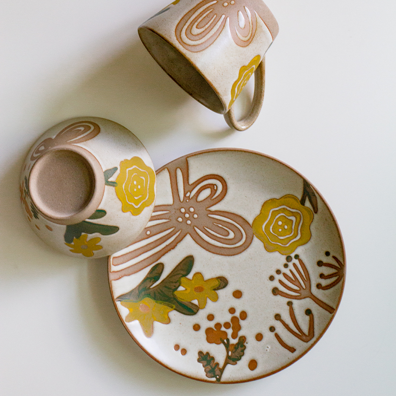 北欧手绘陶瓷一人食餐具复古创意平盘斗笠碗蝴蝶花咖啡杯家用菜盘