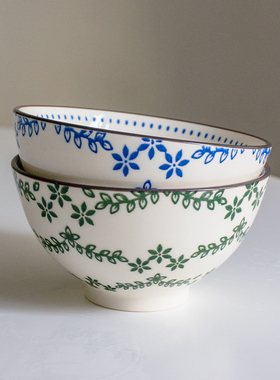 日式复古陶瓷米饭碗釉下彩蓝色高脚小碗家用精致高颜值吃饭碗汤碗