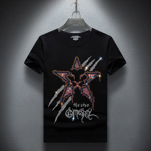 雷迪波尔短袖t恤男烫钻潮牌索罗娜男装大码体恤精神小伙社会人衣