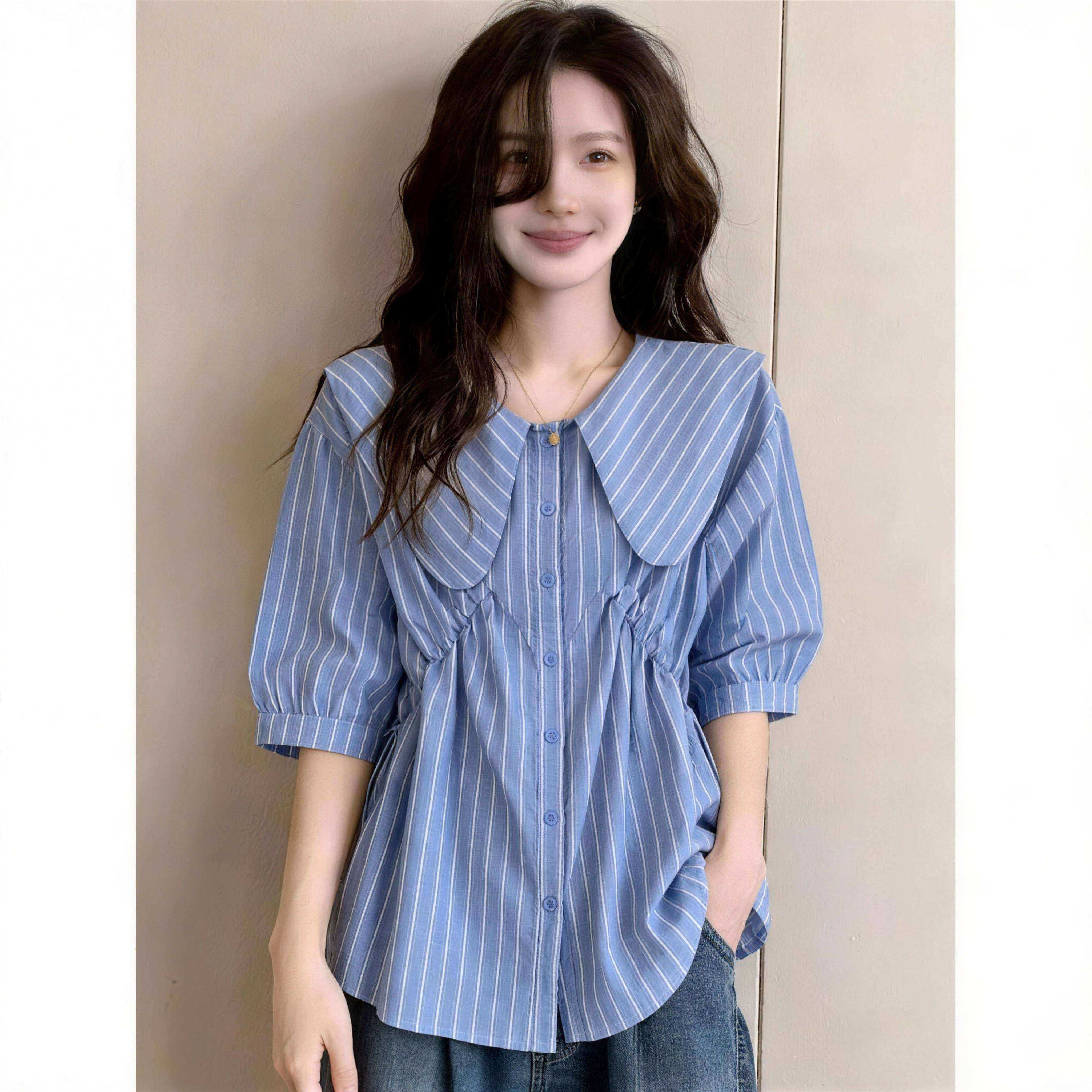 韩版撞色娃娃领抽绳收腰衬衫女夏季大码胖mm洋气时尚宽松条纹上衣
