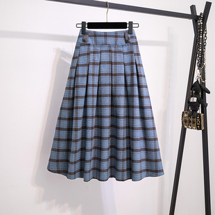 大码 胖mm浅蓝色复古格子毛呢半身裙女冬a字伞裙格纹百褶中长裙子