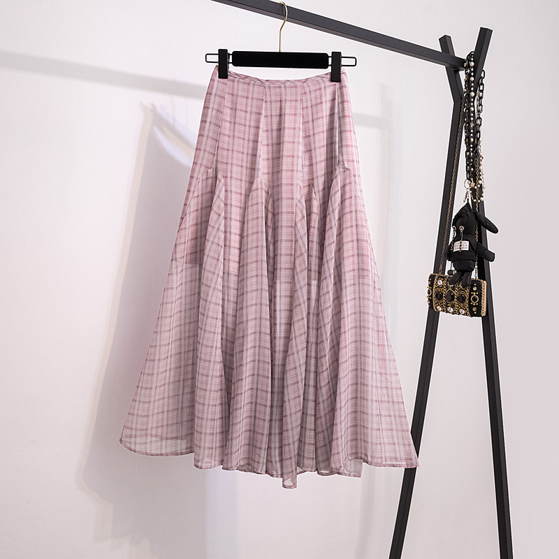 大码微胖mm粉色格子半身裙女秋冬高腰显瘦百褶格纹a字中长款裙子