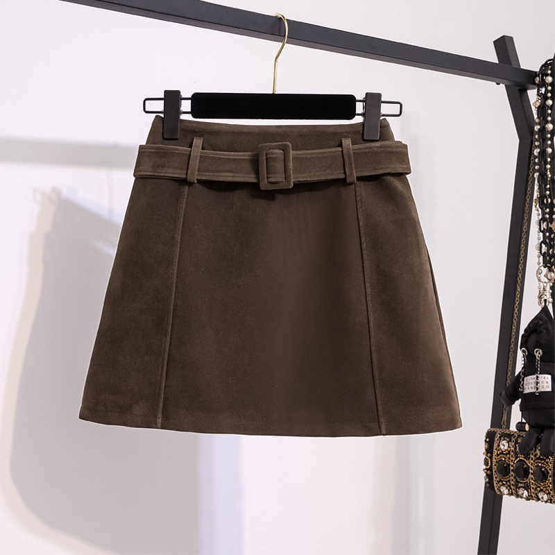 大码胖mm咖色复古麂皮绒半身裙女秋冬高腰显瘦遮胯包臀a字短裙子