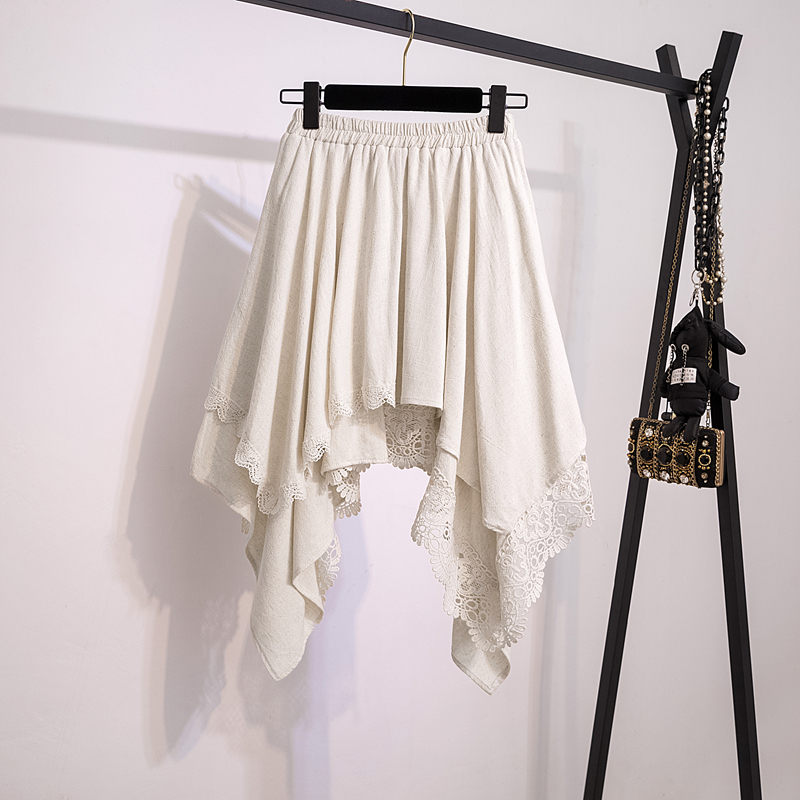 大码微胖mm法式不规则白色半身裙女秋冬高腰显瘦蕾丝拼接a字裙子