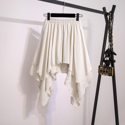 大码微胖mm法式不规则白色半身裙女秋冬高腰显瘦蕾丝拼接a字裙子