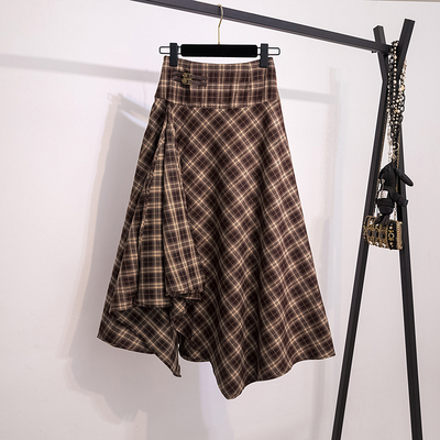 大码胖mm咖色复古不规则格子半身裙女秋冬高腰格纹a字中长款裙子