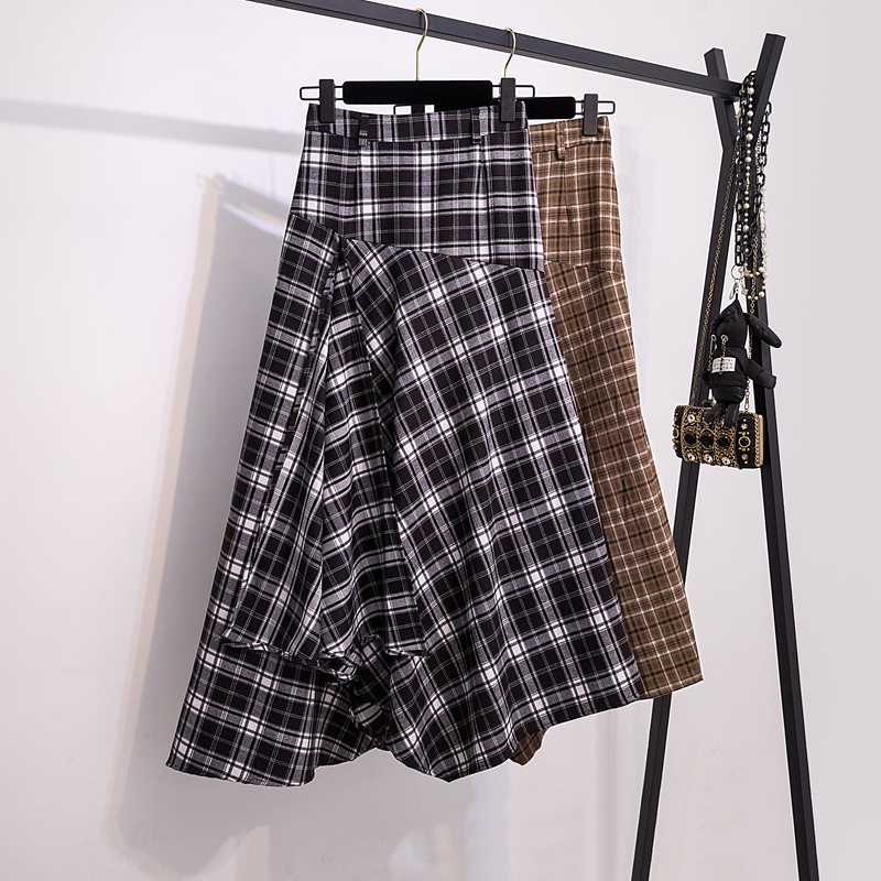 胖mm高腰显瘦格纹中长款伞裙子