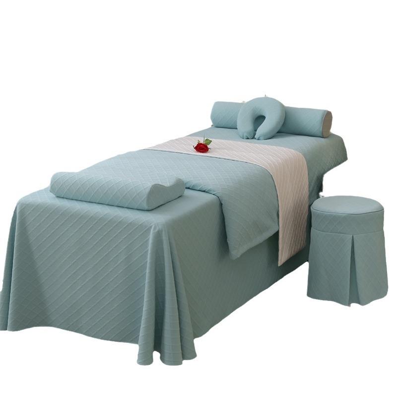 高档美容床罩四件套高级感针织棉轻奢美容院按摩理疗床单logo印制