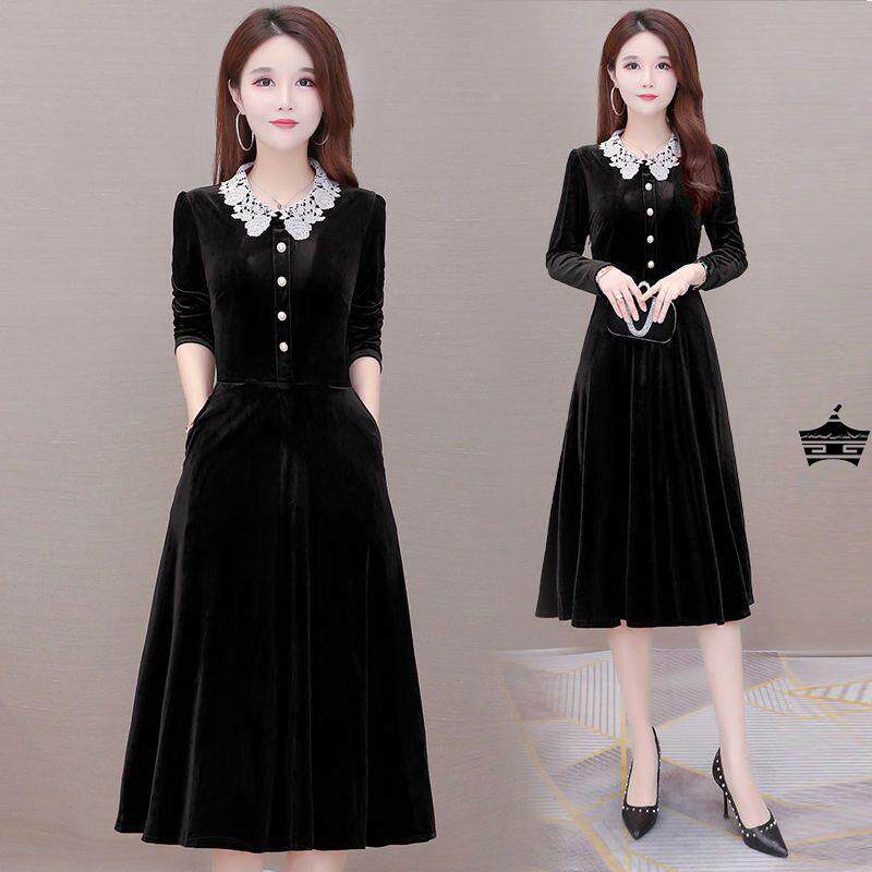 金丝绒春秋新款连衣裙名媛修身显瘦气质女减龄高贵洋气娃娃领