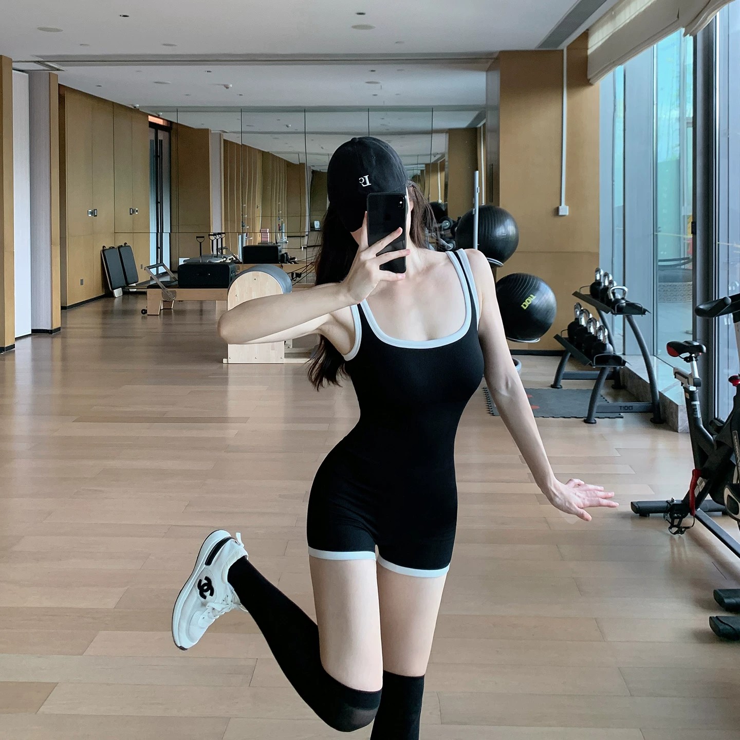 日本代购方领撞色瑜伽连体服女性瑜伽连体衣