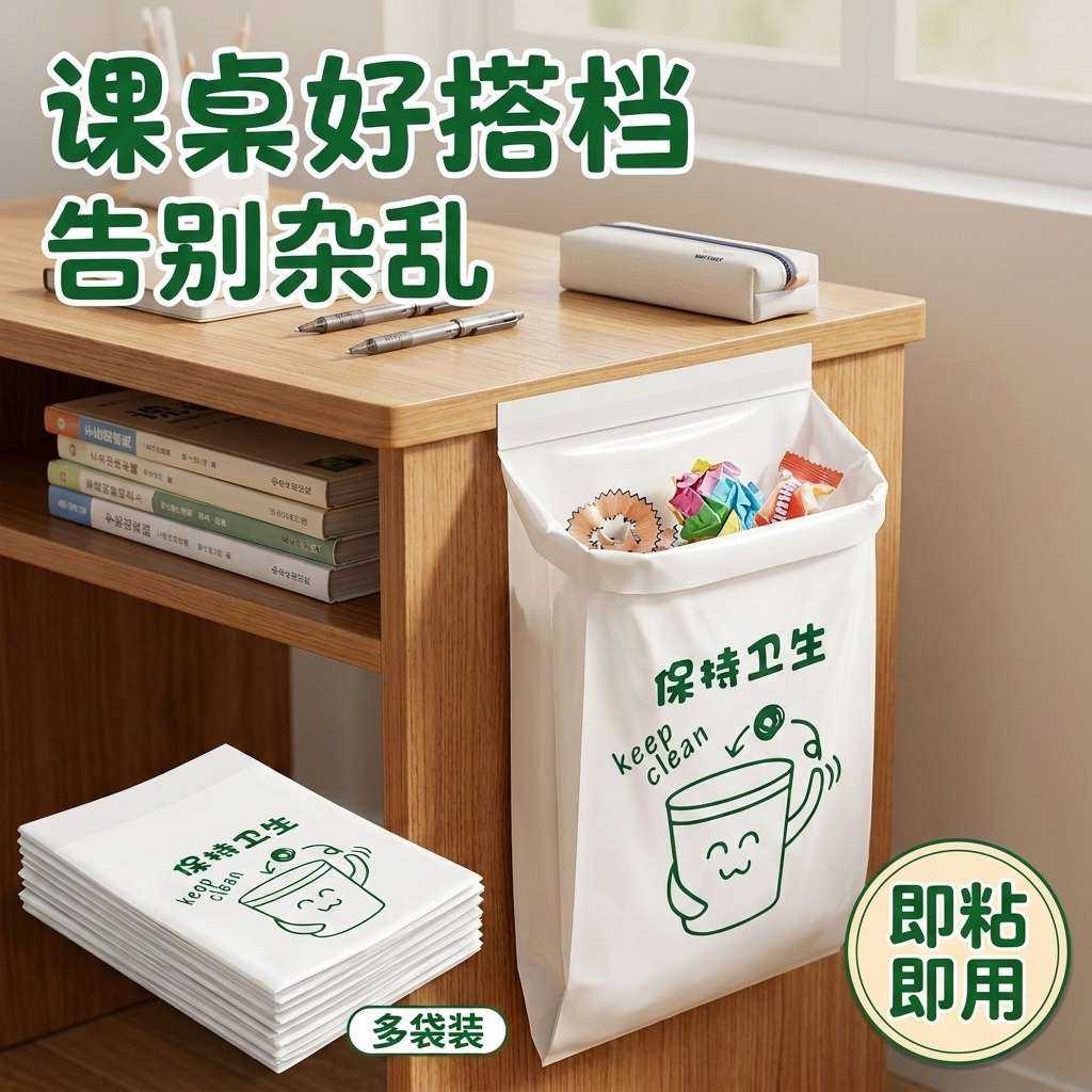 小学生课桌粘贴式垃圾袋创意可爱可车用一次性白色书桌自粘清洁袋