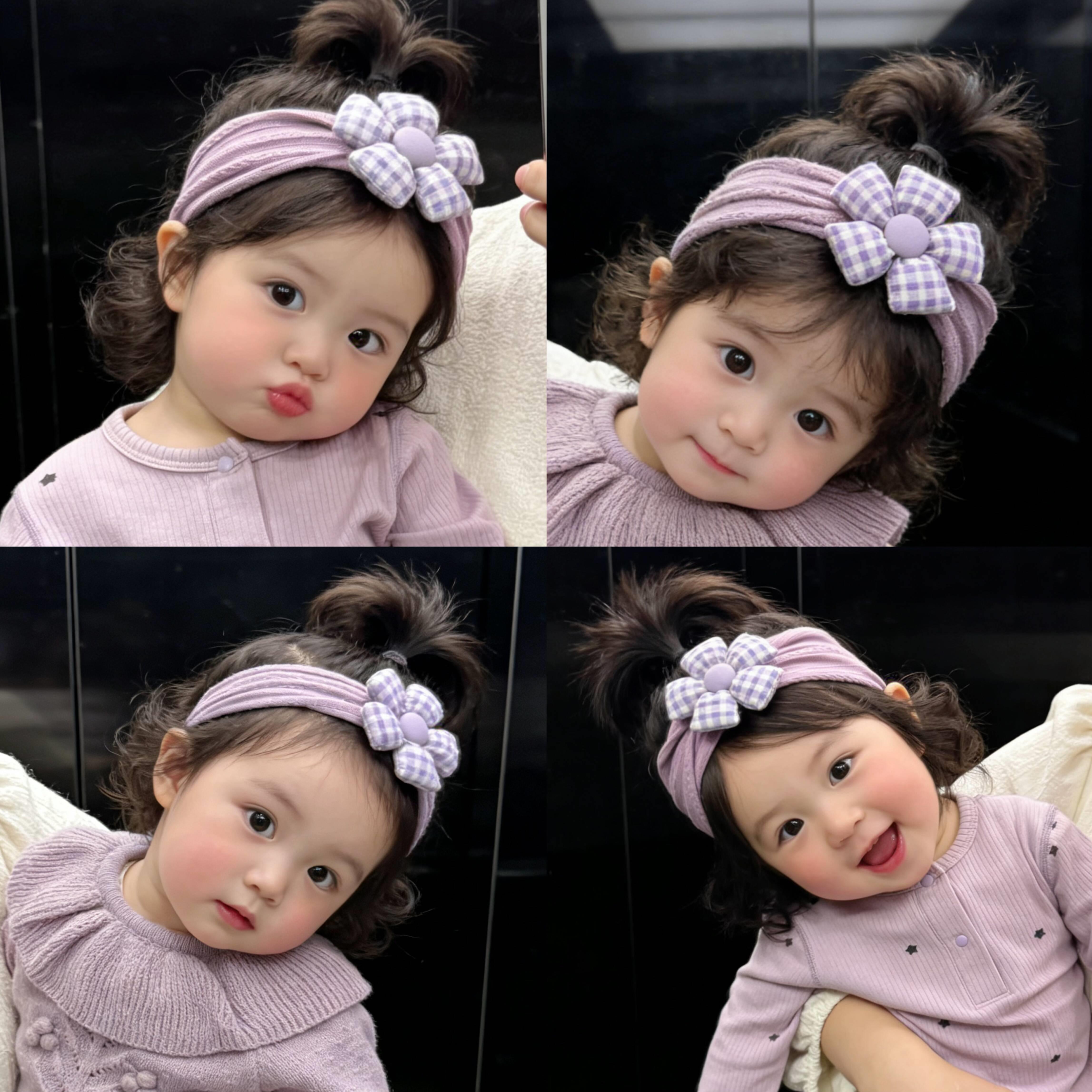 Ins婴儿A类柔软针紫色格子花朵发带新生儿宝宝百天周岁护头囟发饰