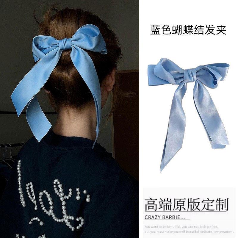 法式高级感缎面大号蝴蝶结头饰发夹女后脑勺蓝色飘带丝带发夹发饰