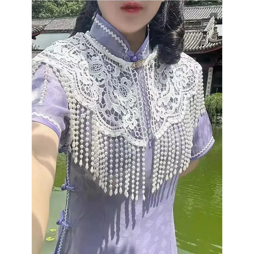 白色蕾丝重工复古新中式珍珠流苏民国外搭汉服云肩百搭配旗袍披肩