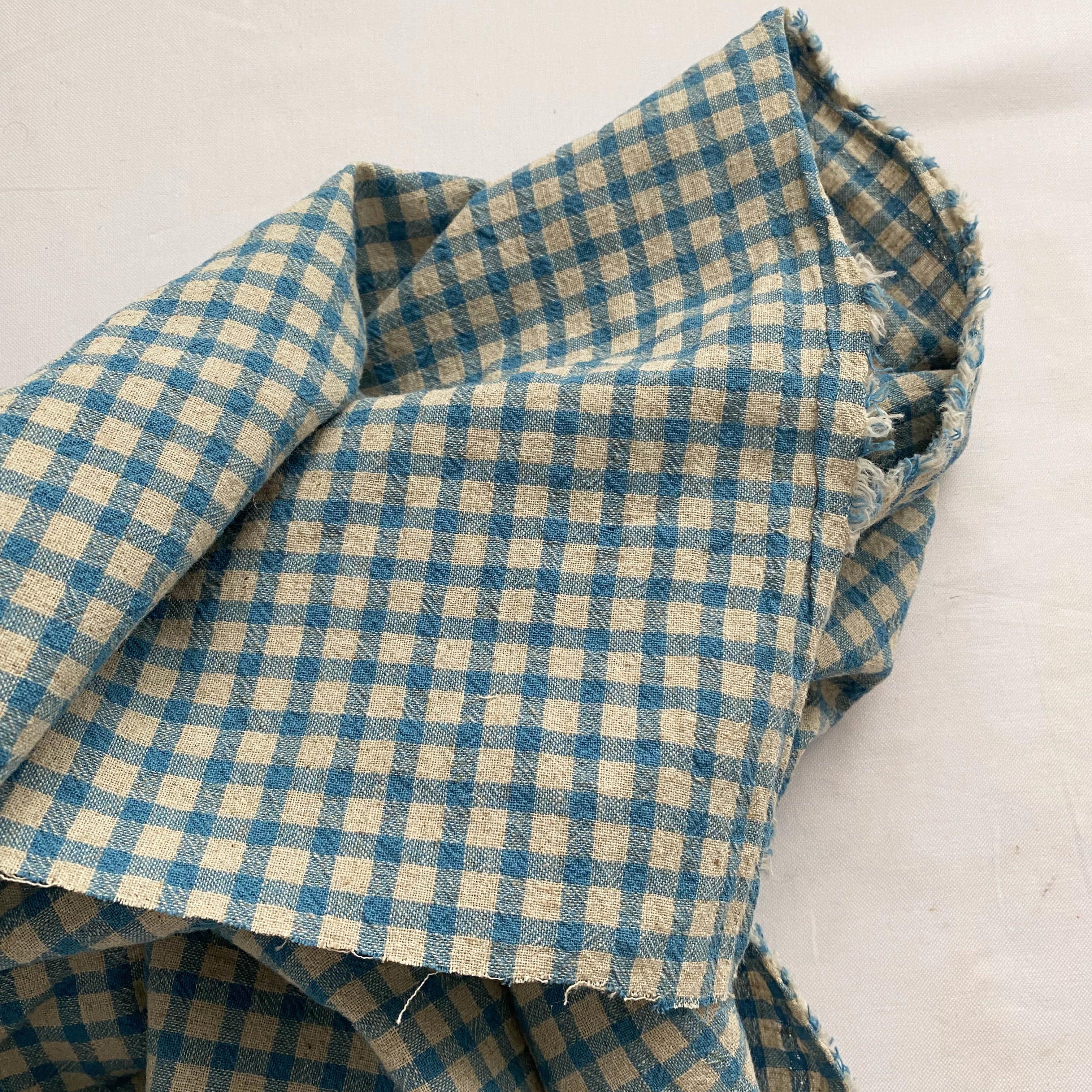 日系复古做旧温柔蓝色格子亚麻棉混纺衬衣连衣裙外套发圈服装面料