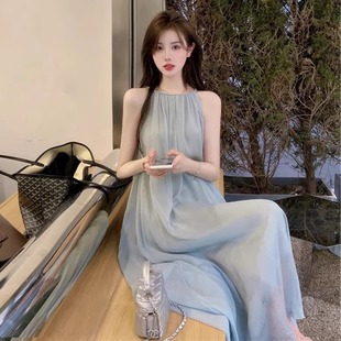 欧洲站2024夏季 高级感挂脖吊带连衣裙子 新款 海边度假沙滩裙女法式