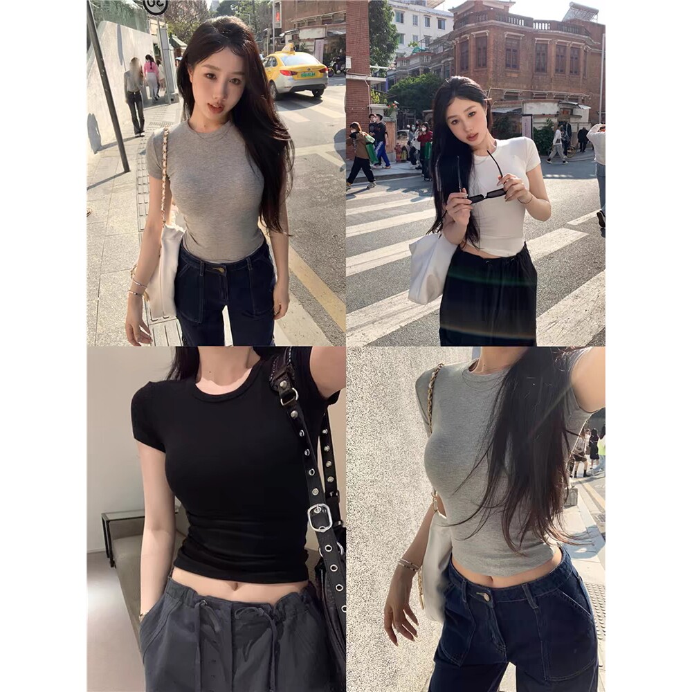 韩国辣妹灰色短袖T恤女装夏季纯欲风修身紧身短款百搭上衣打底衫