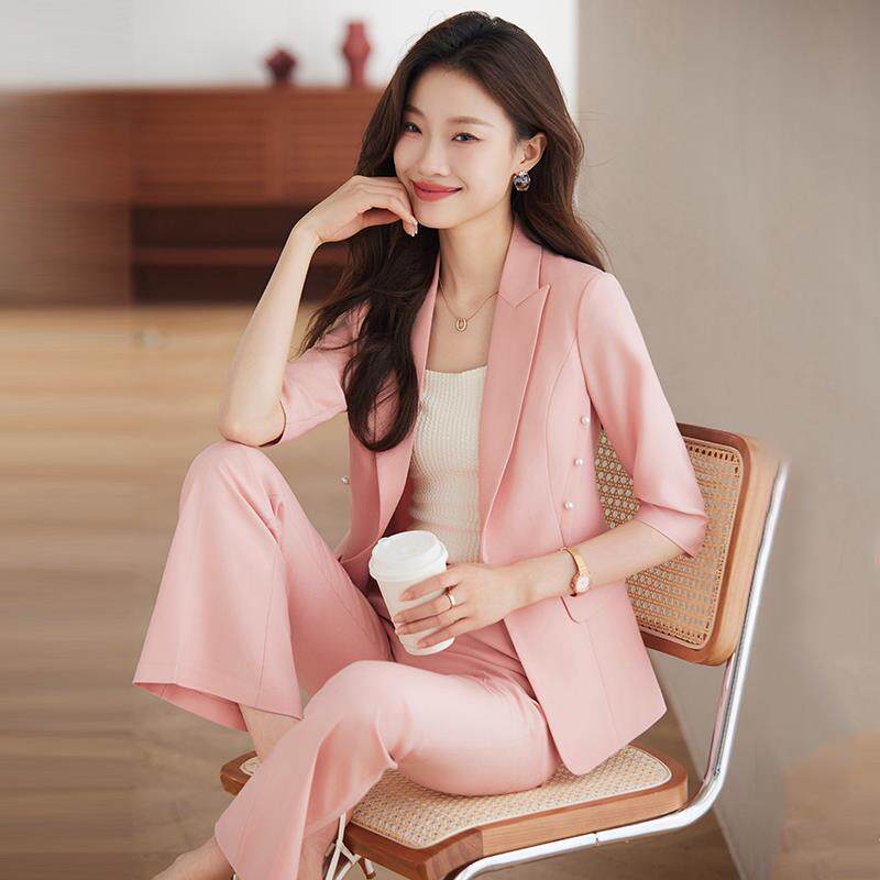粉色西装时尚套装女2024年春夏薄款高级感女神范七分袖职业工作服