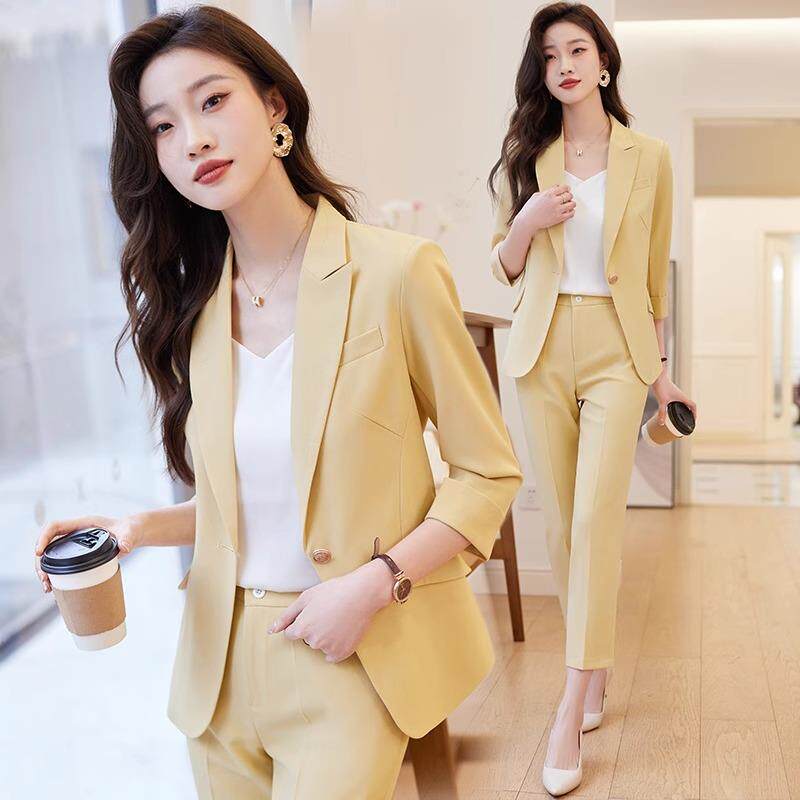 黄色七分袖职业西装套装女春夏2024年新款气质休闲薄款西服工作服