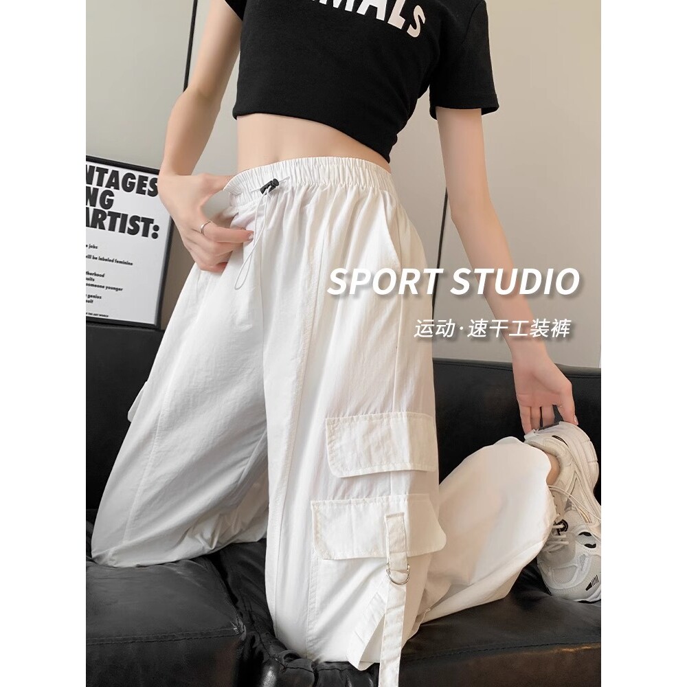 白色工装裤女夏季薄款2025新款高腰阔腿裤宽松休闲美式速干运动裤