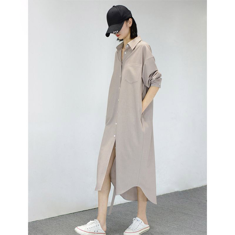 长袖衬衫连衣裙女2024秋季新款气质宽松大码显瘦收腰chic系带长裙