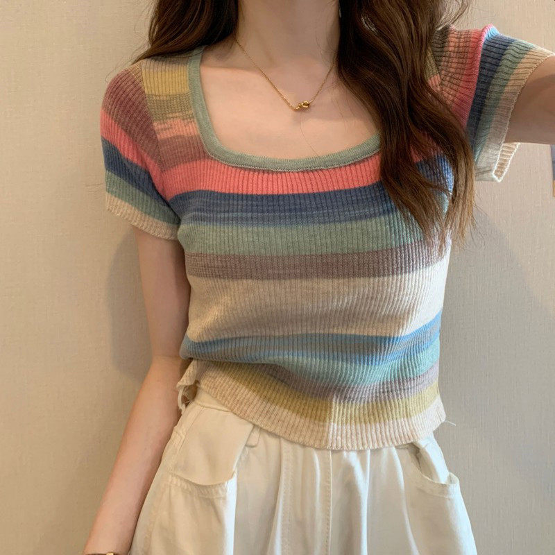 彩虹条纹针织方领短袖t恤女冰丝正肩衫夏季薄款修身辣妹短款上衣