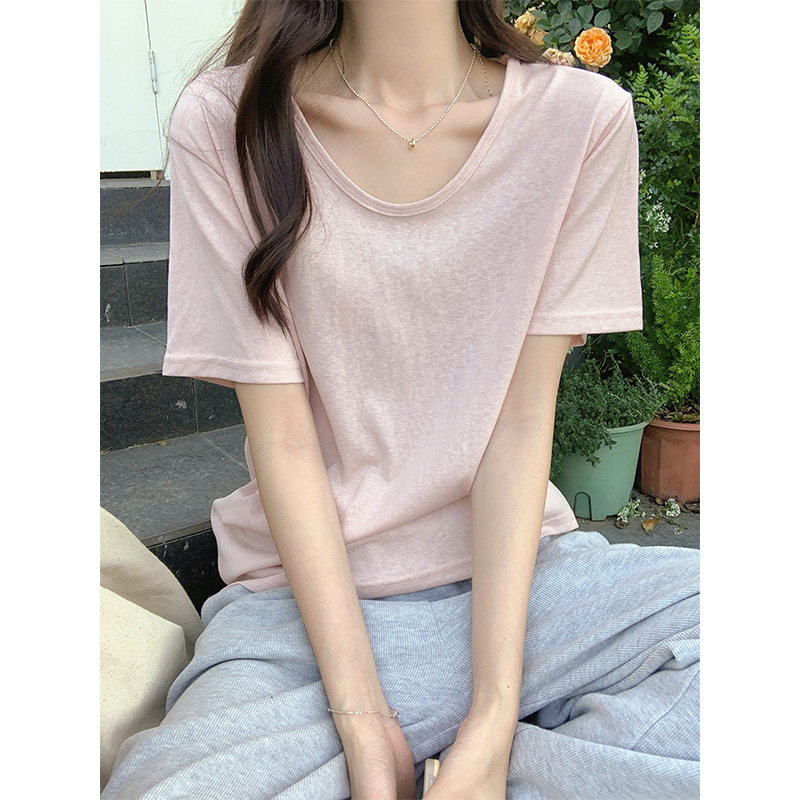 韩版小清新粉色多巴胺短袖t恤女2024夏新款U领宽松大领口半袖上衣