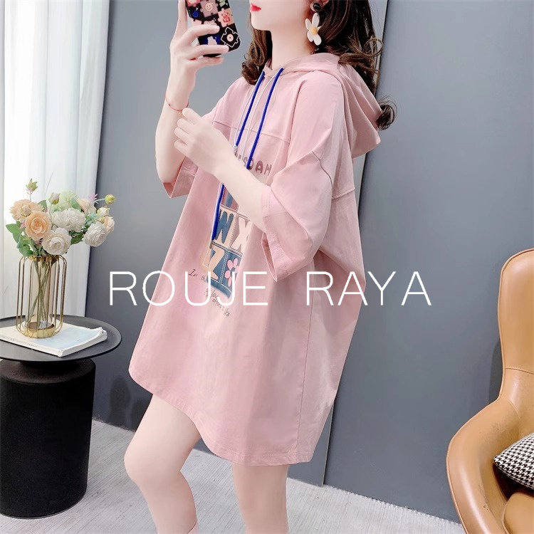 法国Rouje Raya法式设计感连帽短袖t恤女中长款夏季新款宽松上衣