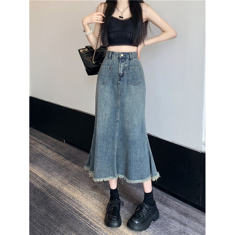 复古牛仔半身裙女2025年春夏季新款高腰显瘦毛边中长款鱼尾裙子潮