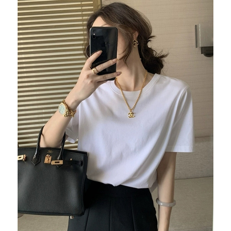白色正肩短袖T恤女装2025夏季无缝圆筒T内搭纯棉打底衫宽松上衣