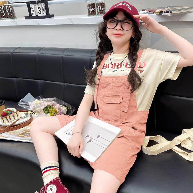 韩版夏装2024新款儿童背带裤短袖套装女大童时髦洋气衣服纯棉宽松