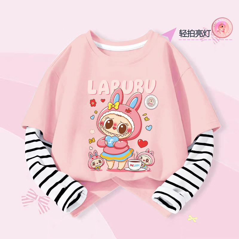 折扣清仓专柜品牌童装女童假两件长袖t恤春季儿童卡通亮片上衣服