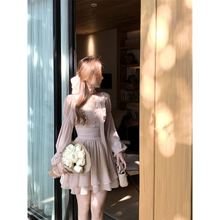 温柔显瘦雪纺薄纱短裙子 法式 千金感甜美粉色长袖 连衣裙女秋季 新款