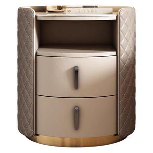 轻奢极简设计师高端实木床头柜圆形现代简约卧室免安装岩板床边柜